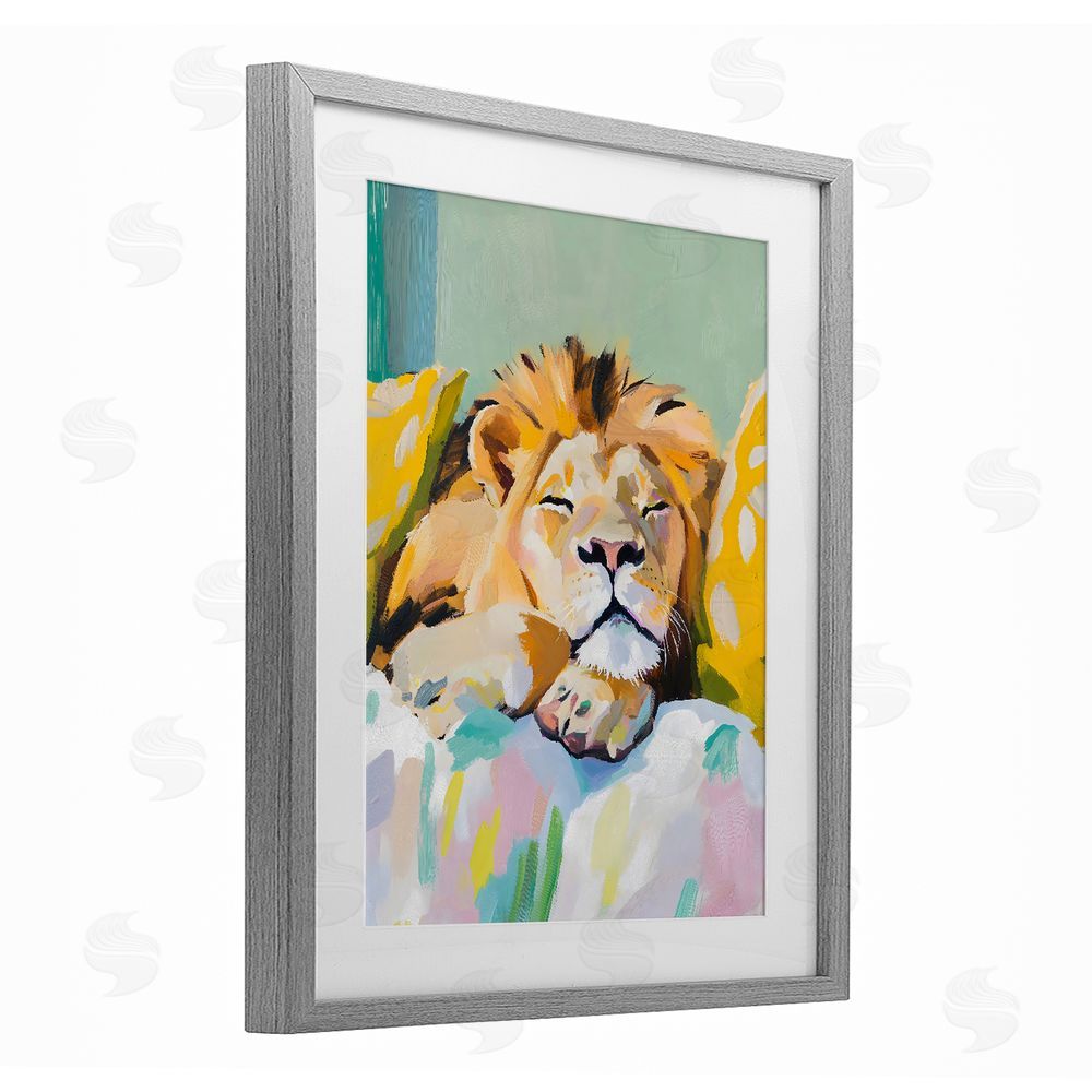 The Prints Vibe Sleeping Lion on Pastel Pillows Gray Framed Print Under Glass with White Mat Wall Art