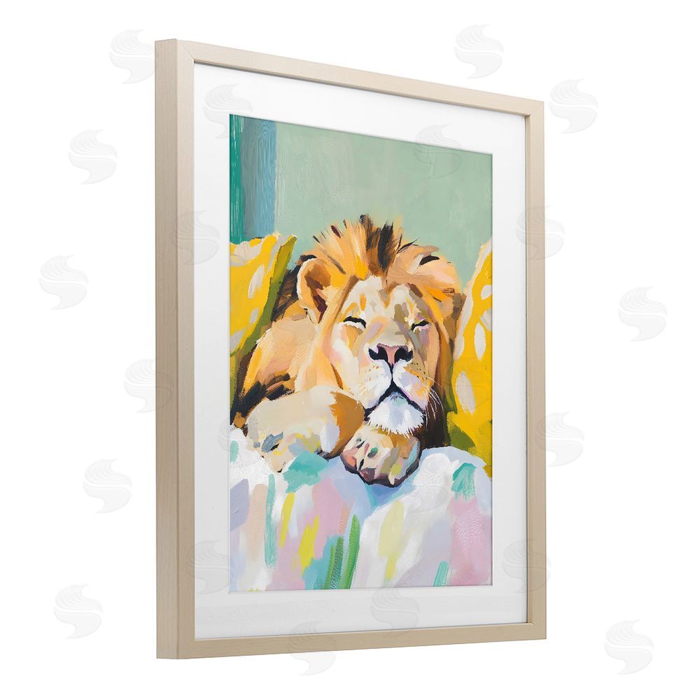 The Prints Vibe Sleeping Lion on Pastel Pillows Brown Framed Print Under Glass with White Mat Wall Art