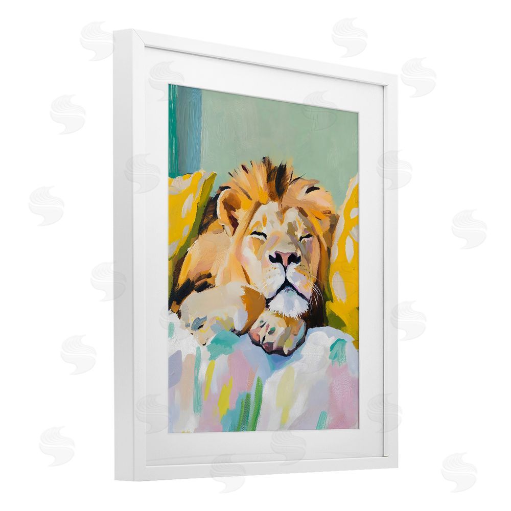 The Prints Vibe Sleeping Lion on Pastel Pillows White Framed Print Under Glass with White Mat Wall Art