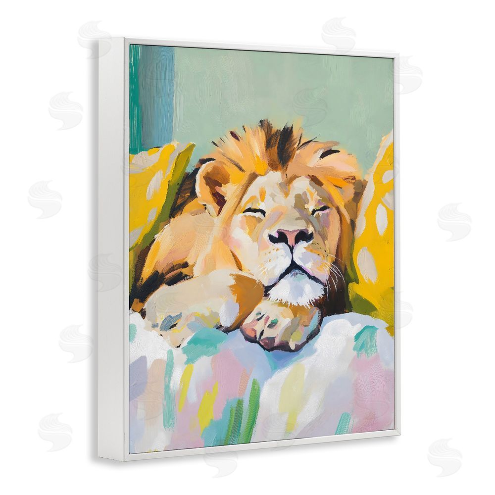 The Prints Vibe Sleeping Lion on Pastel Pillows White Framed Giclee Wall Art Print