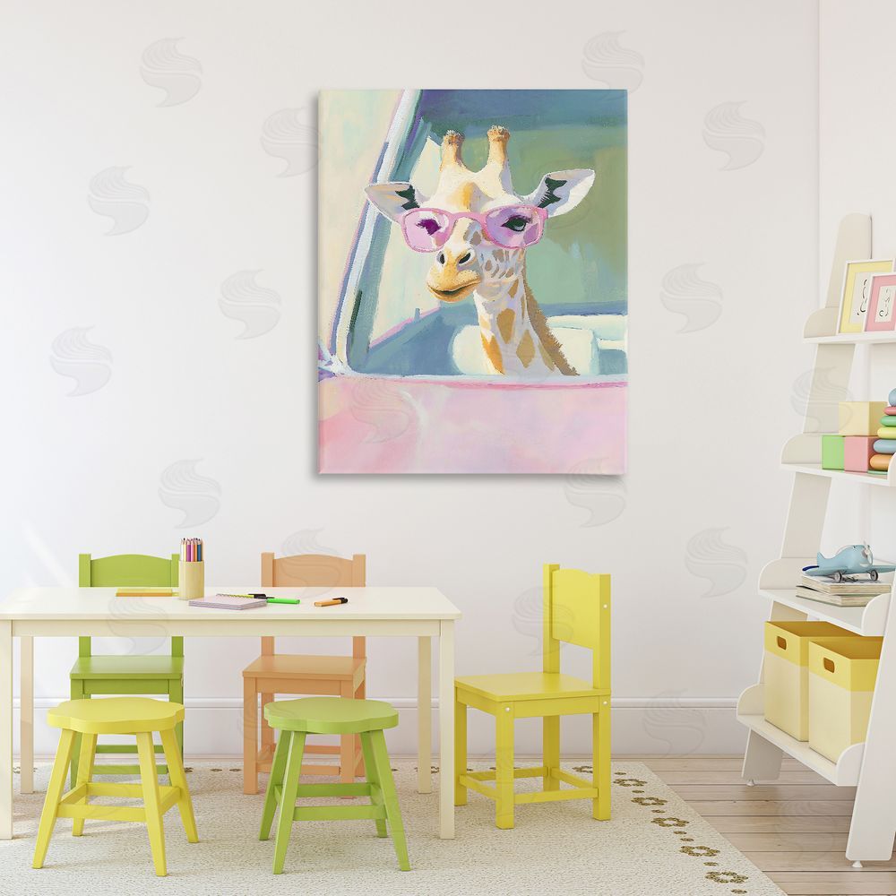 The Prints Vibe Giraffe Car Ride Stretched Canvas Wall Art in Room