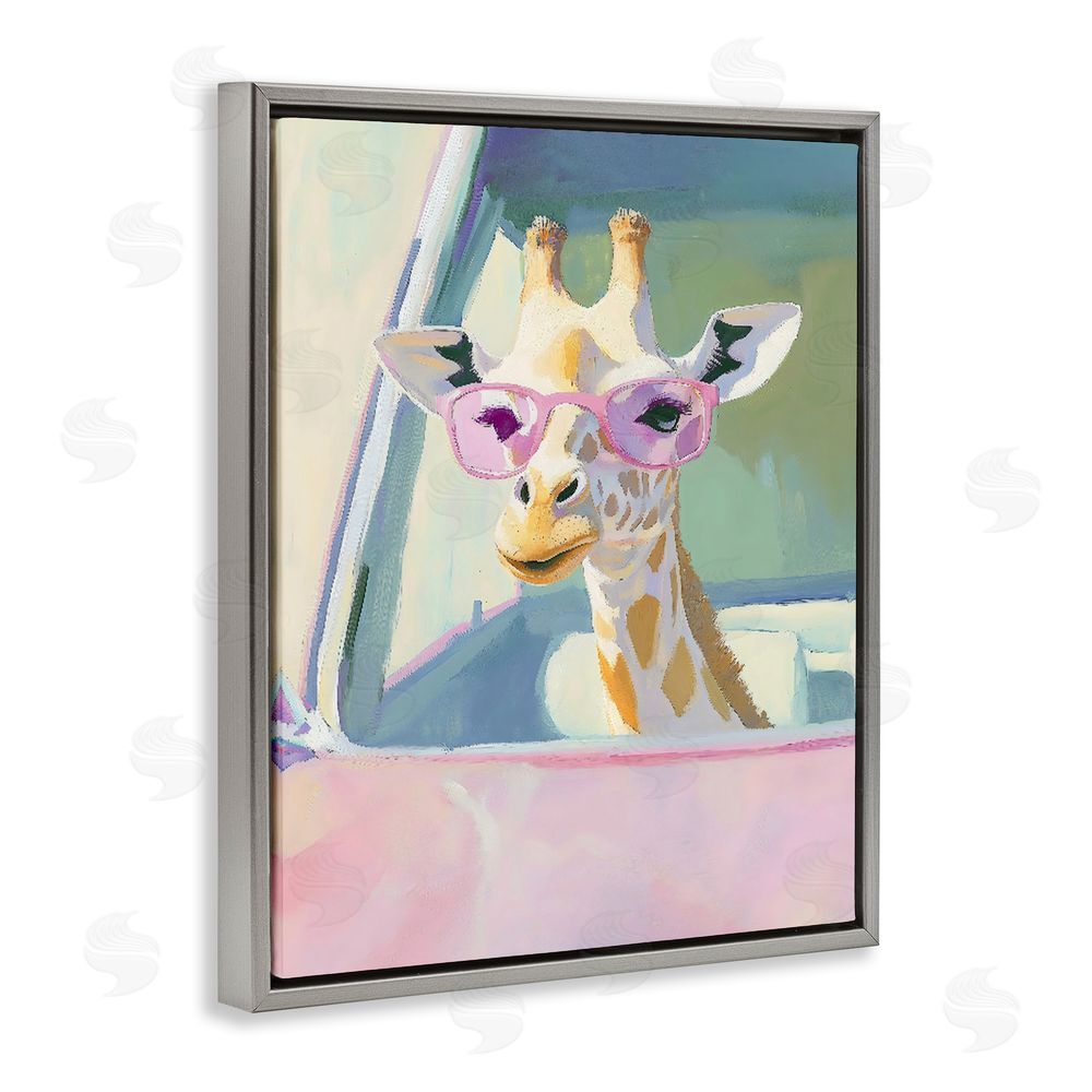 The Prints Vibe Giraffe Car Ride Gray Floating Framed Canvas Wall Art