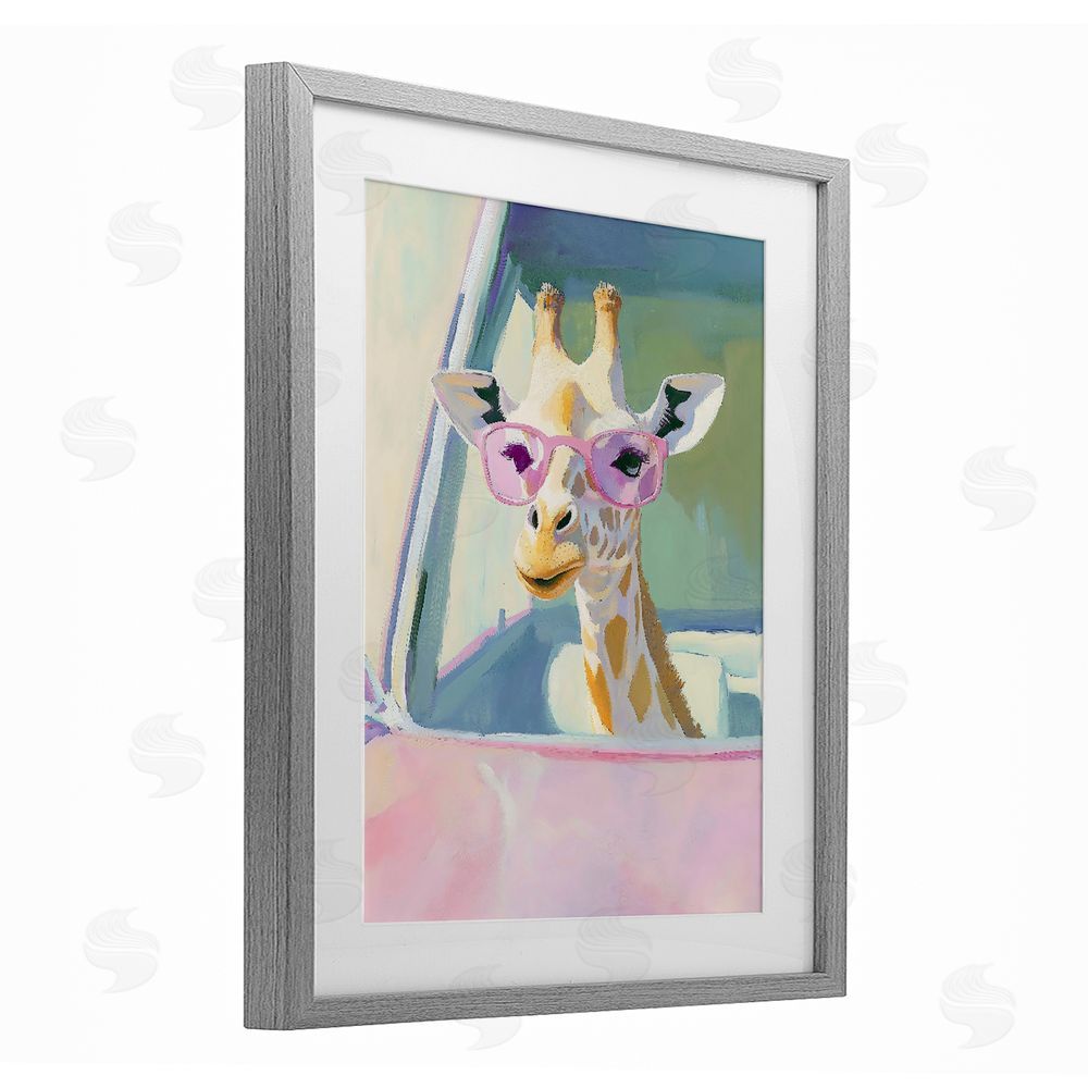 The Prints Vibe Giraffe Car Ride Gray Framed Print Under Glass Wall Art