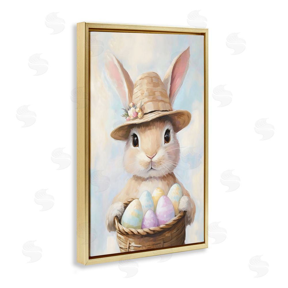 The Prints Vibe Bunny with Easter Egg Basket Gold Floating Frame Stretched Canvas Wall Art Print