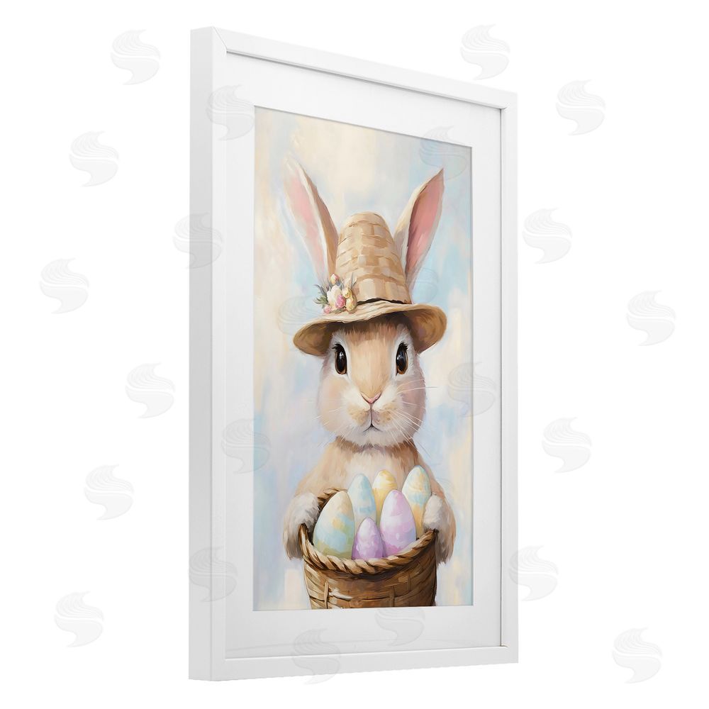 The Prints Vibe Bunny with Easter Egg Basket White Framed Print Under Glass with Matting Wall Art