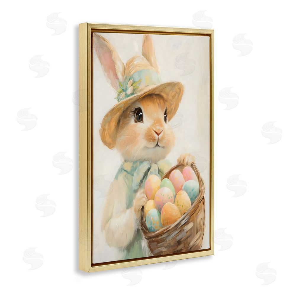 The Prints Vibe Easter Egg Basket Rabbit Gold Floating Frame Canvas Wall Art Print