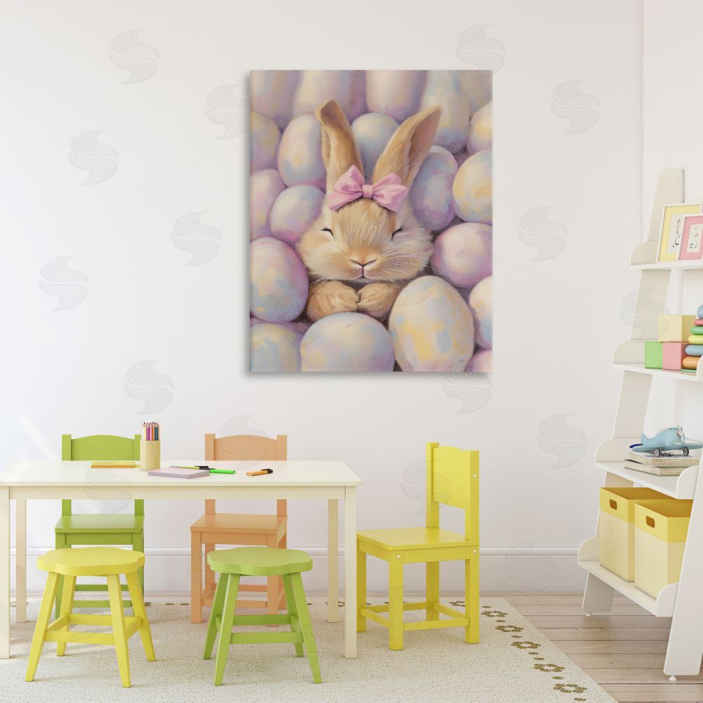 The Prints Vibe Easter Bunny Nestled in Eggs Stretched Canvas Wall Art in Room