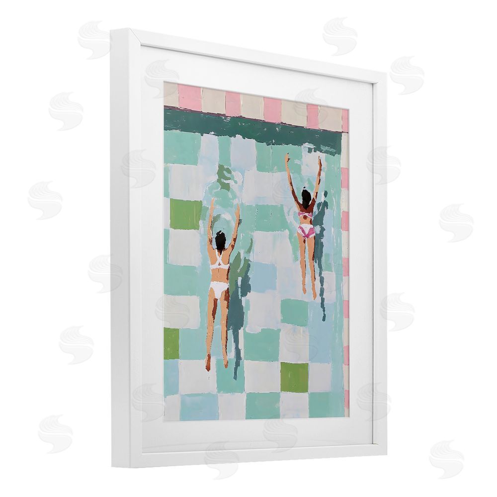 The Prints Vibe Twin Swimmers in Pool White Framed Print Under Glass with White Mat Wall Art
