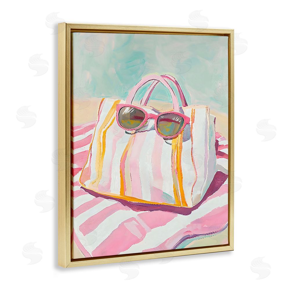 The Prints Vibe Beach Bag & Sunglasses Gold Floating Frame Stretched Canvas Wall Art Print