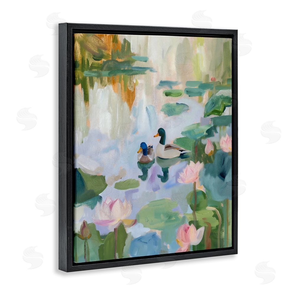 The Prints Vibe Duck Pond During Tranquil Morning Black Floating Frame Canvas Wall Art Print