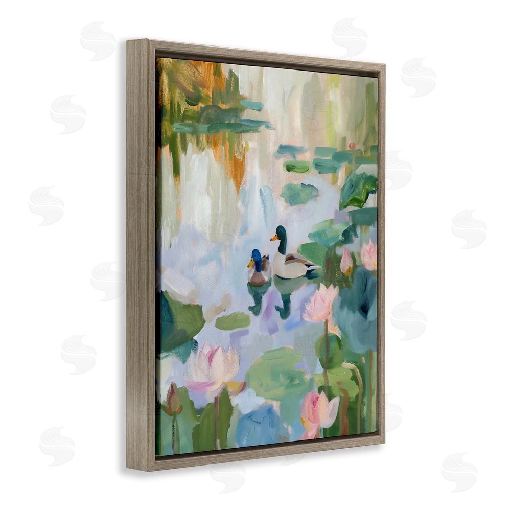 The Prints Vibe Duck Pond During Tranquil Morning Brown Floating Frame Canvas Wall Art Print