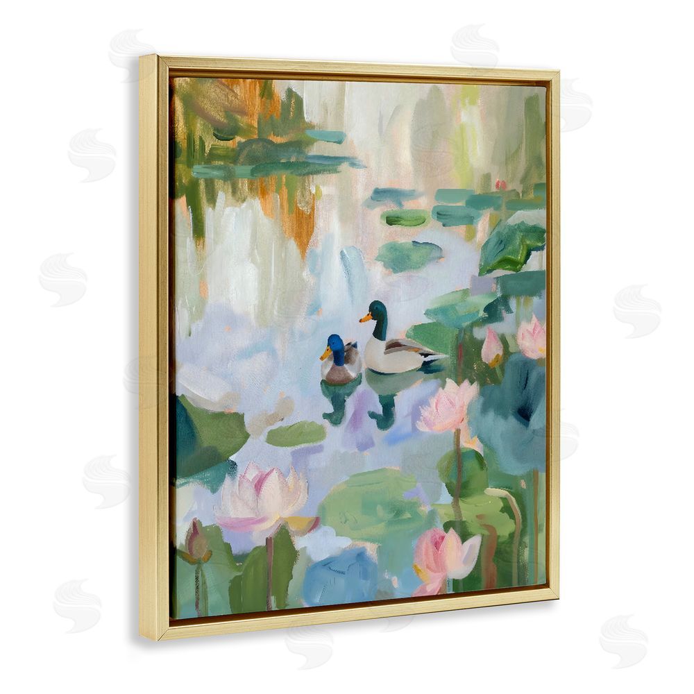 The Prints Vibe Duck Pond During Tranquil Morning Gold Floating Frame Canvas Wall Art Print