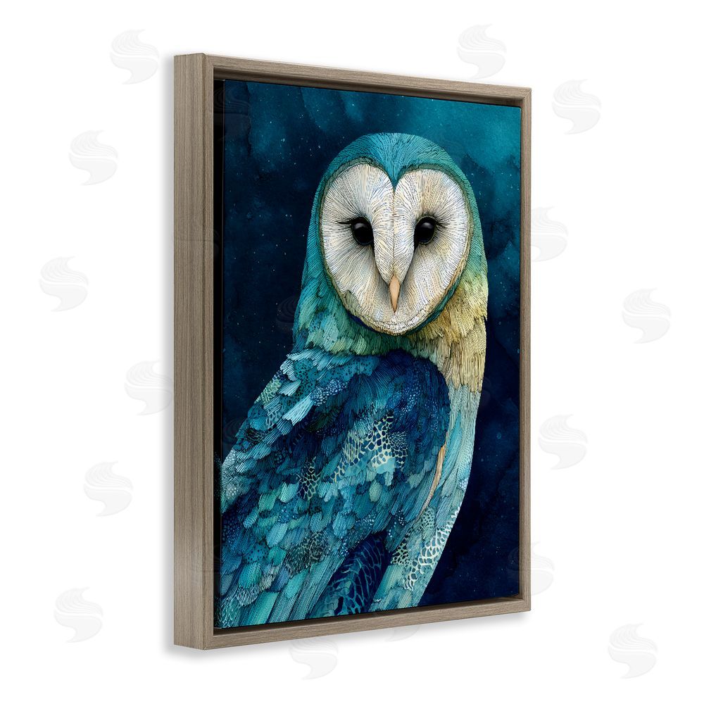 Franklyn Gregory Cerulean Blue Owl Brown Floating Frame Stretched Canvas Wall Art Print