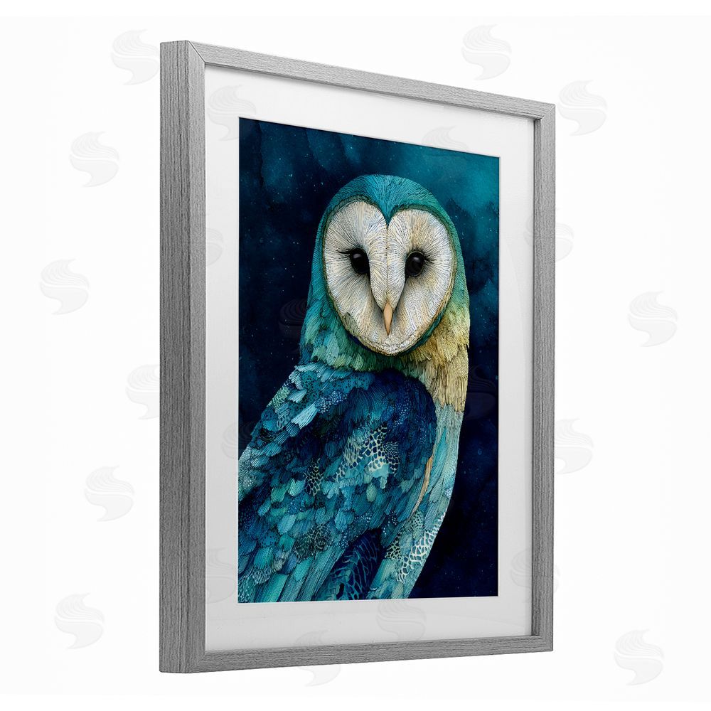 Franklyn Gregory Cerulean Blue Owl Gray Framed Print Under Glass with Matting Wall Art