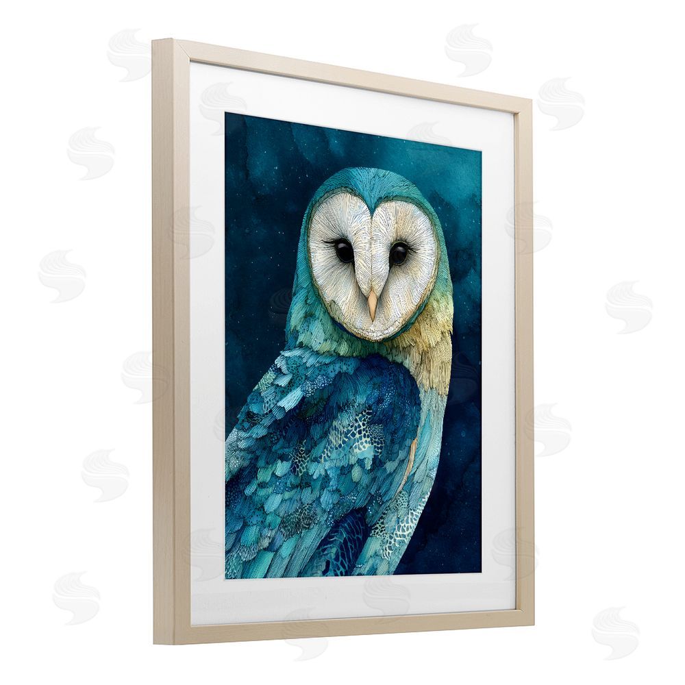Franklyn Gregory Cerulean Blue Owl Brown Framed Print Under Glass with Matting Wall Art