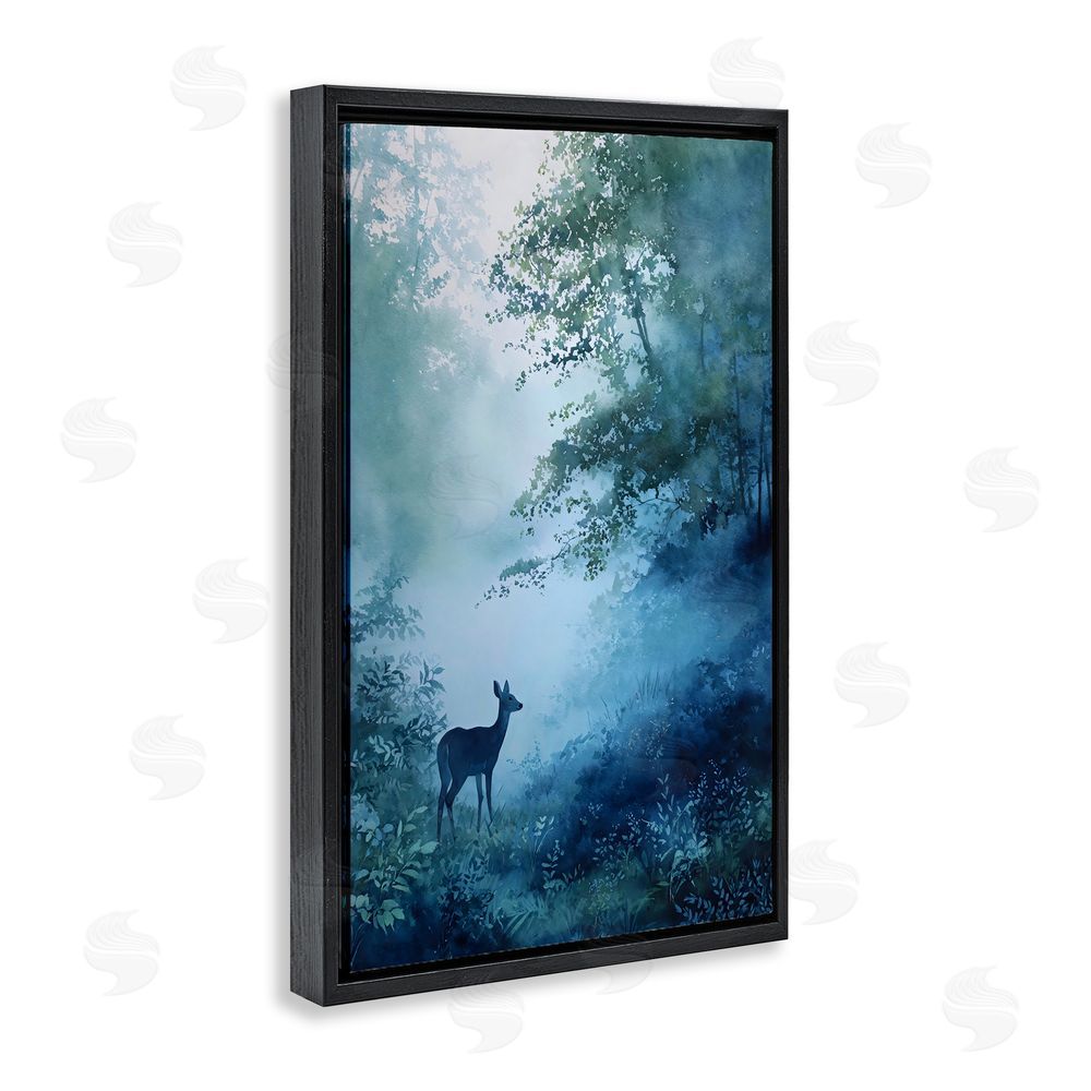 Franklyn Gregory Blue Dawn Deer in Mist Black Floating Frame Stretched Canvas Wall Art Print