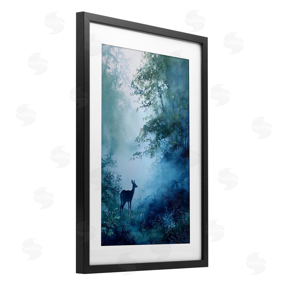 Franklyn Gregory Blue Dawn Deer in Mist Black Framed Print Under Glass with Matting Wall Art
