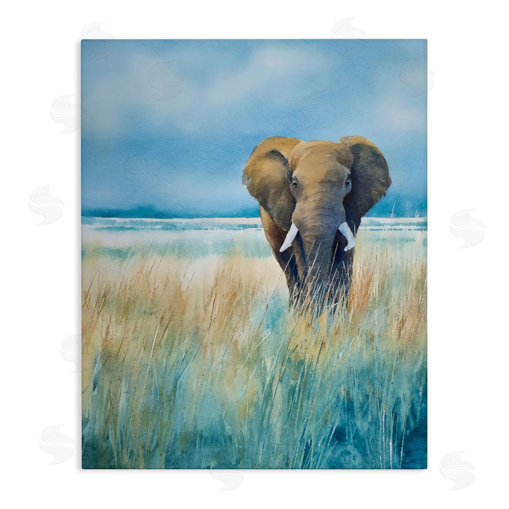 Franklyn Gregory Blue Grass Elephant Stretched Canvas Wall Art Print