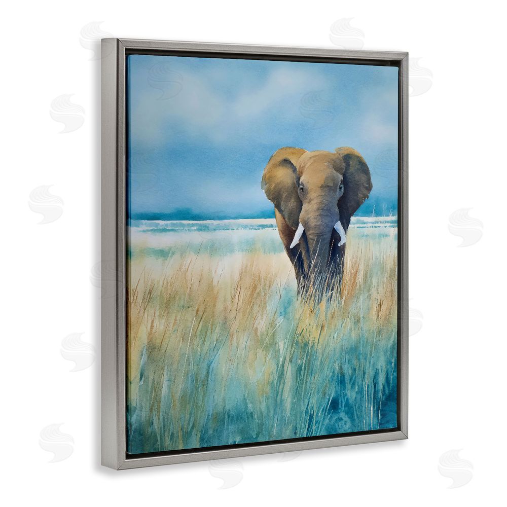 Franklyn Gregory Blue Grass Elephant Gray Floating Frame Stretched Canvas Wall Art Print
