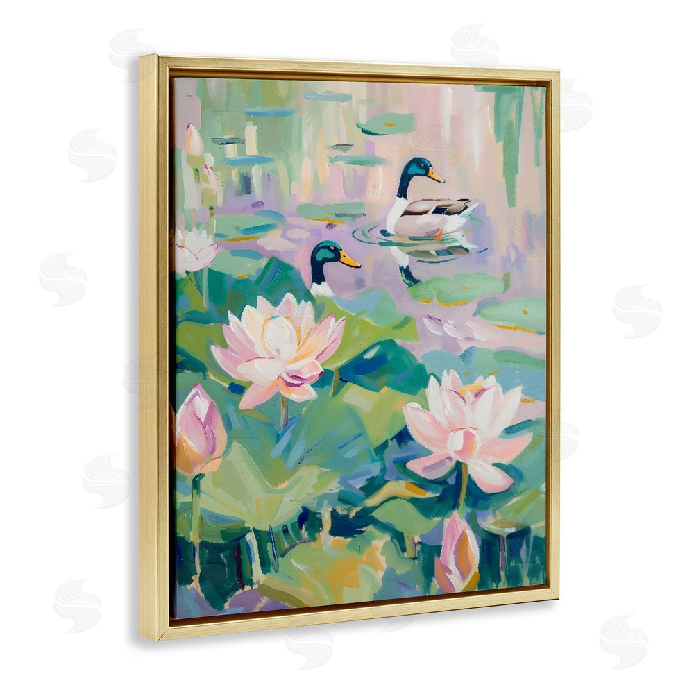 The Prints Vibe Duck Pond with Lotus Flowers Gold Floating Frame Canvas Wall Art Print