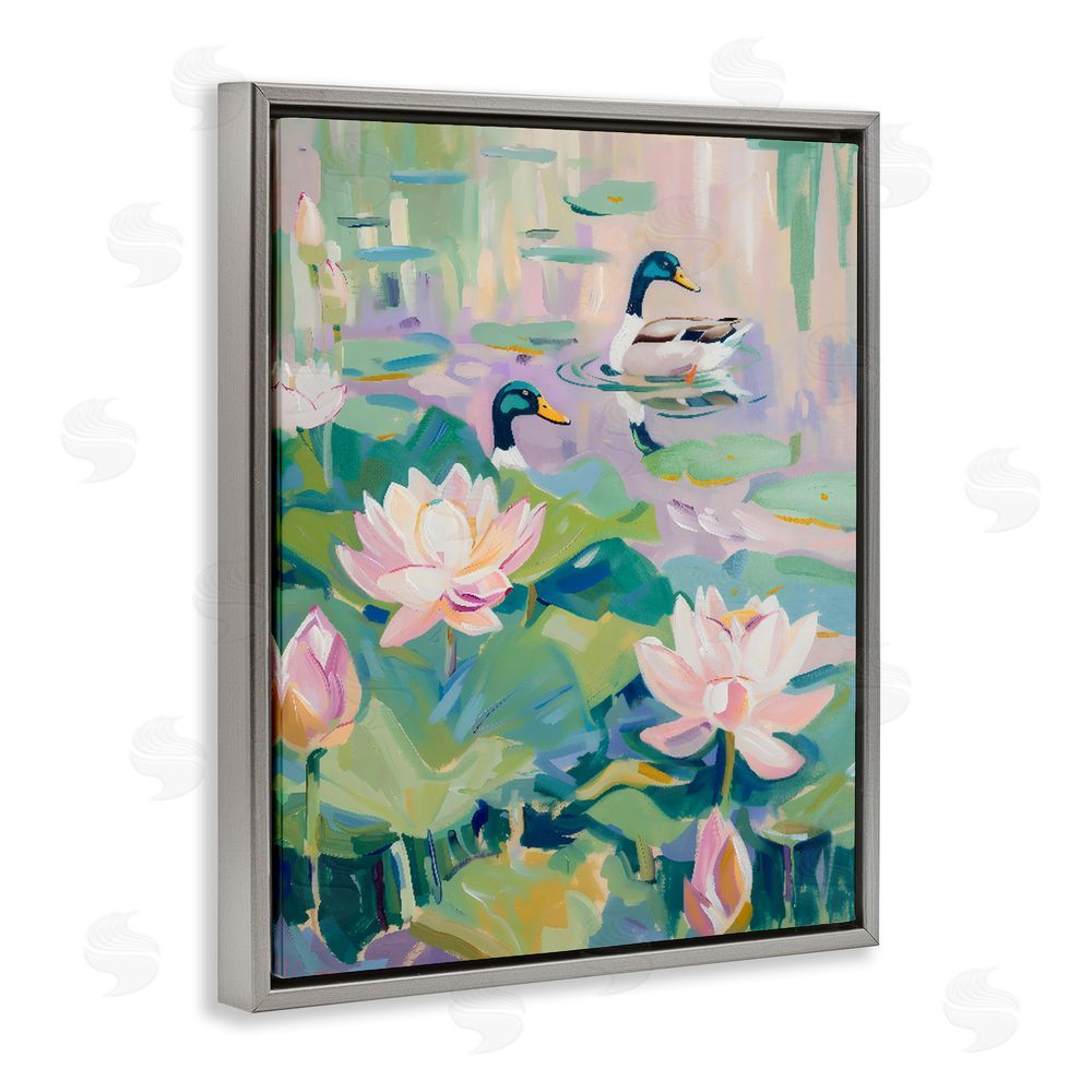 The Prints Vibe Duck Pond with Lotus Flowers Gray Floating Frame Canvas Wall Art Print