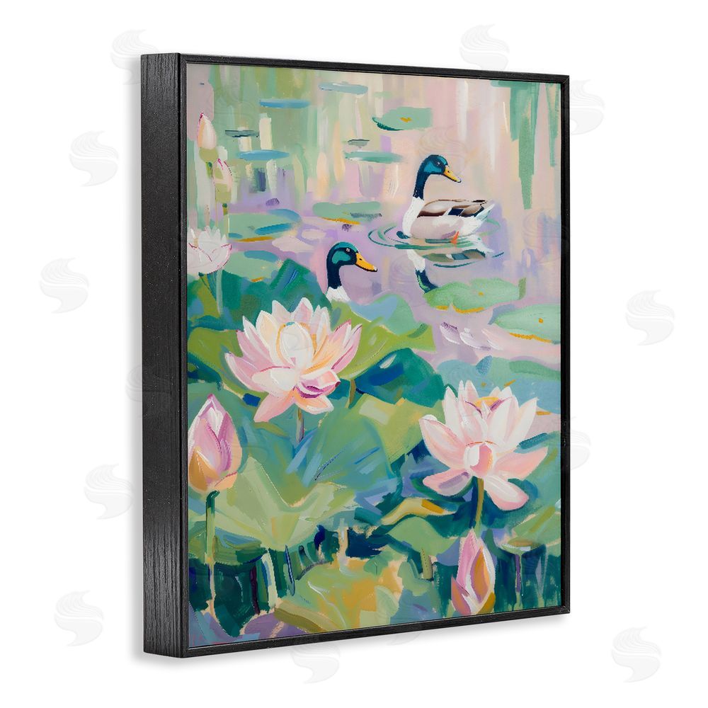 The Prints Vibe Duck Pond with Lotus Flowers Black Framed Giclee Wall Art Print