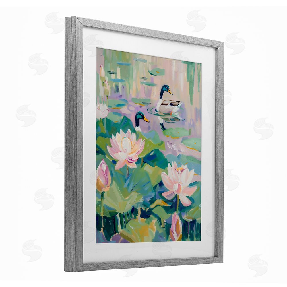 The Prints Vibe Duck Pond with Lotus Flowers Gray Framed Print Under Glass Wall Art