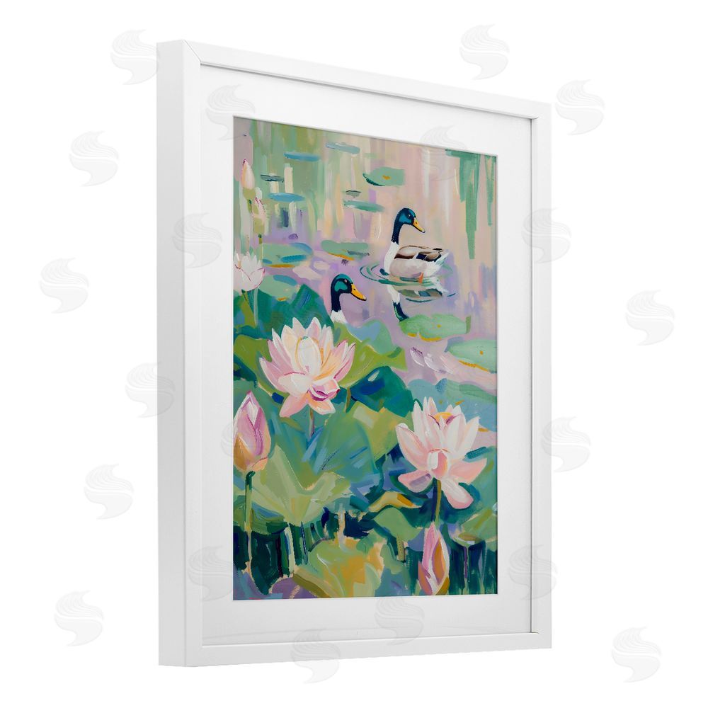 The Prints Vibe Duck Pond with Lotus Flowers White Framed Print Under Glass Wall Art