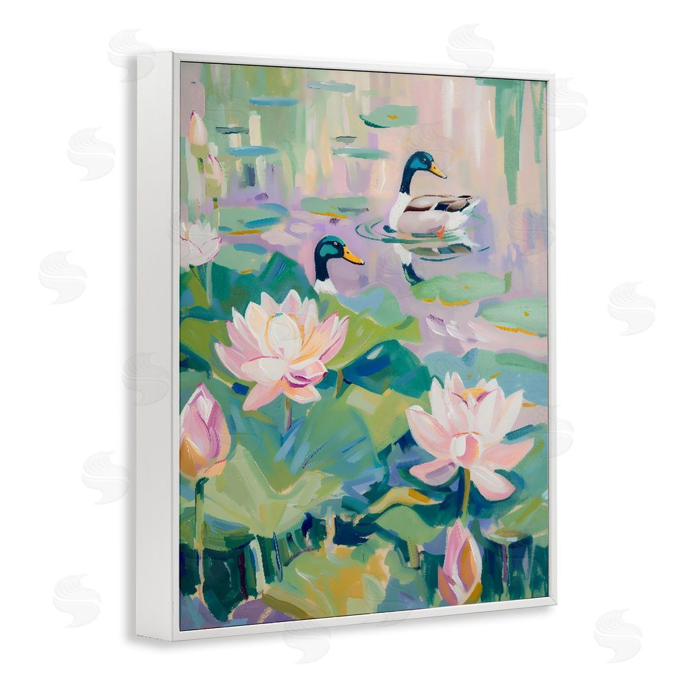 The Prints Vibe Duck Pond with Lotus Flowers White Framed Giclee Wall Art Print