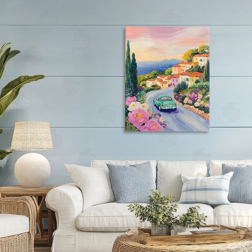 The Prints Vibe Driving Along The Coast Stretched Canvas Wall Art in Room