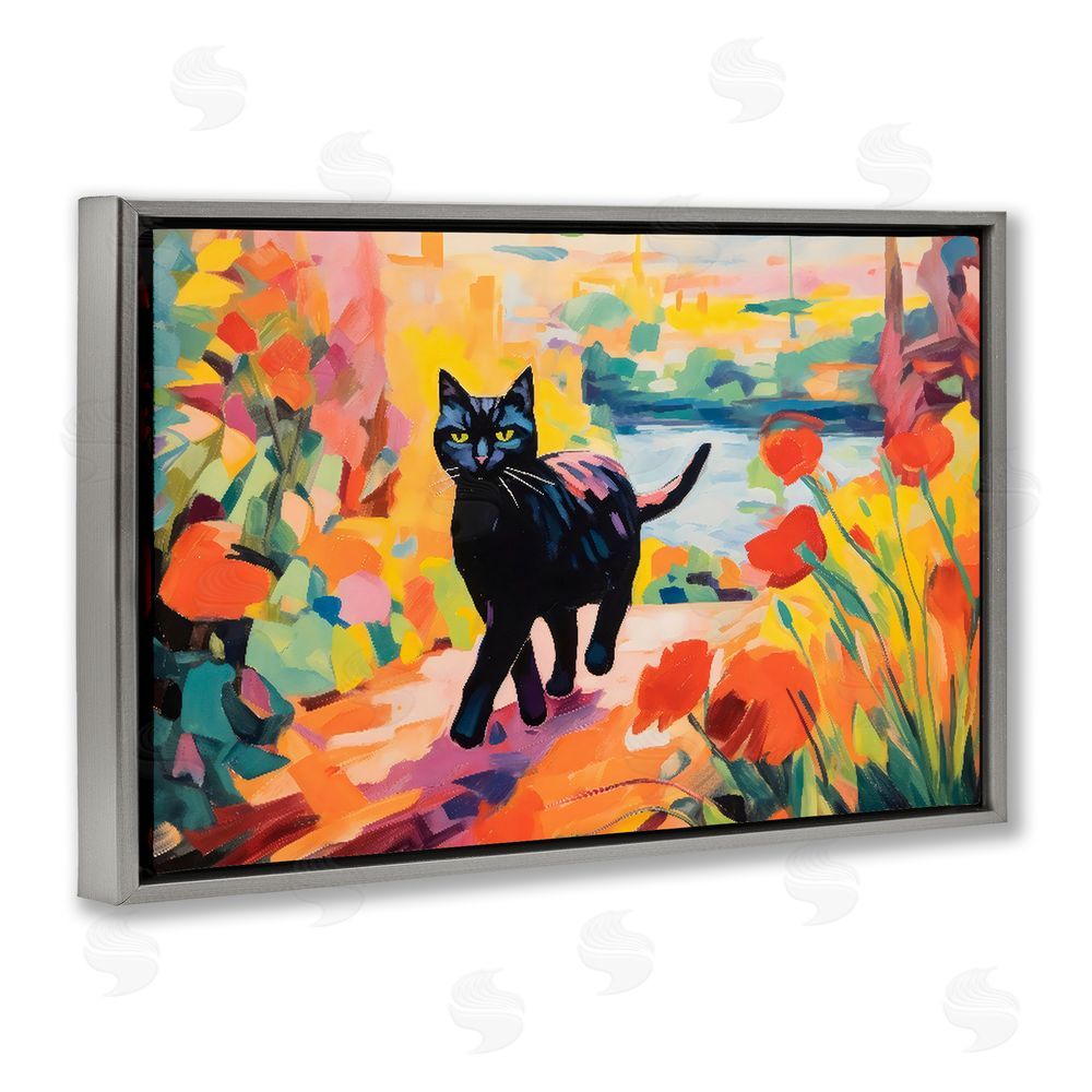 Creative Studio Sunlit Black Cat in Garden Gray Floating Framed Canvas Wall Art Print