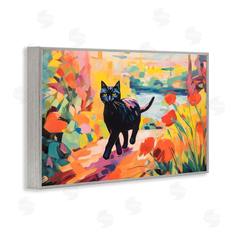 Creative Studio Sunlit Black Cat in Garden Gray Framed Giclee Wall Art Print