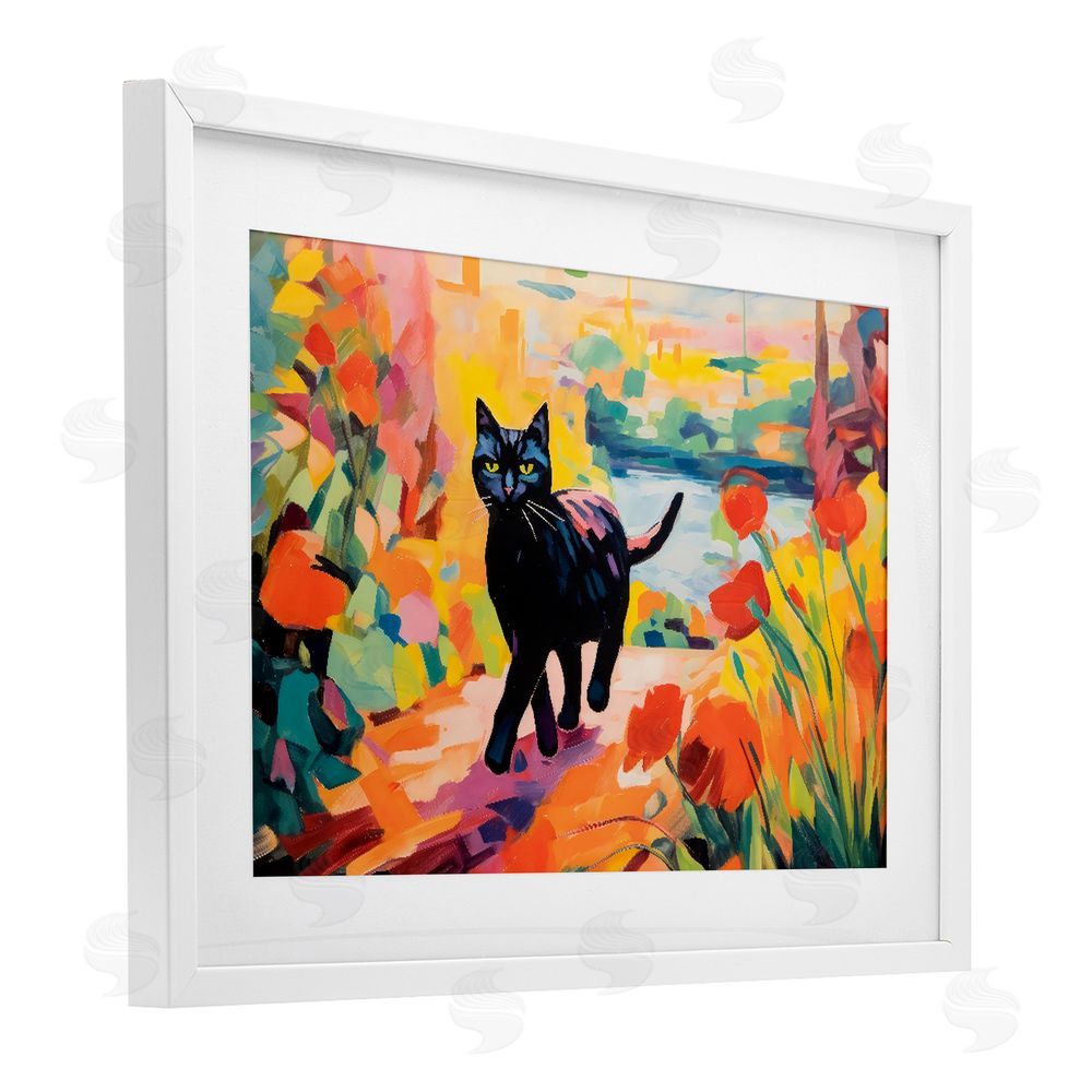 Creative Studio Sunlit Black Cat in Garden White Framed Print Under Glass with White Mat Wall Art