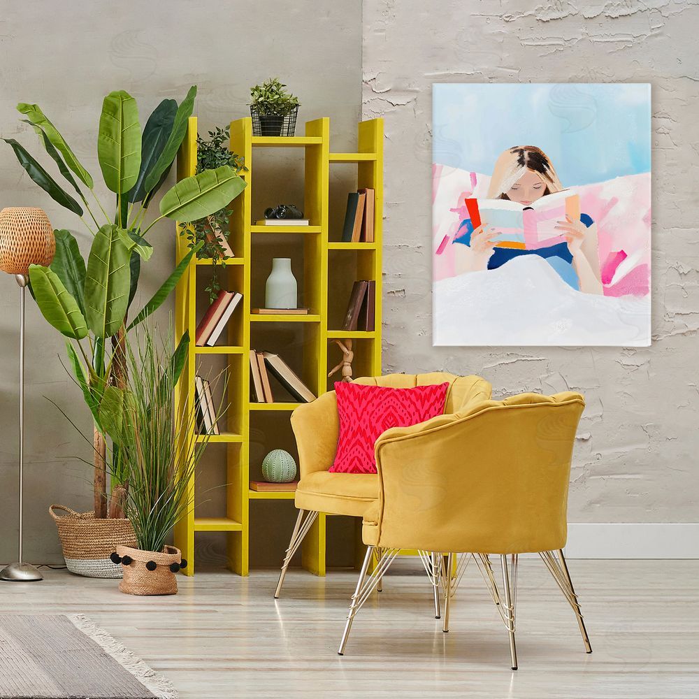 The Prints Vibe Cozy Reading In Bed Stretched Canvas Wall Art in Room