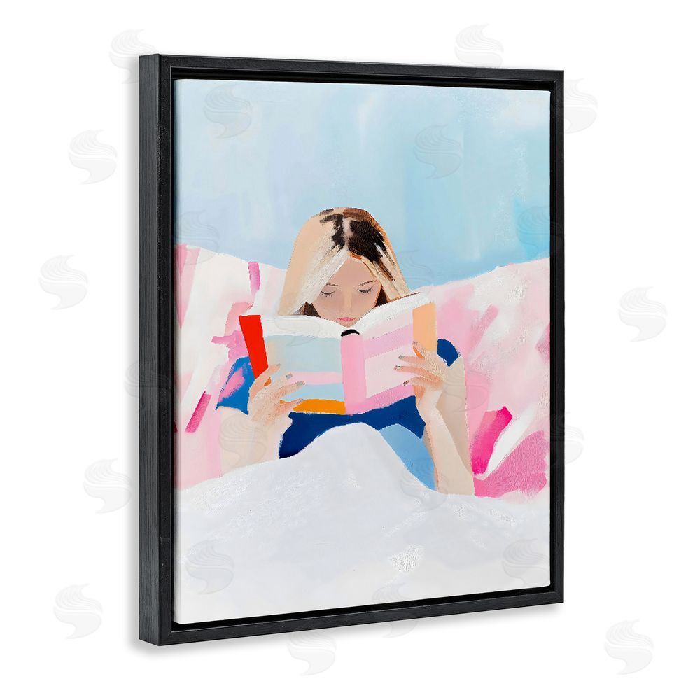 The Prints Vibe Cozy Reading In Bed Black Floating Frame Canvas Wall Art Print