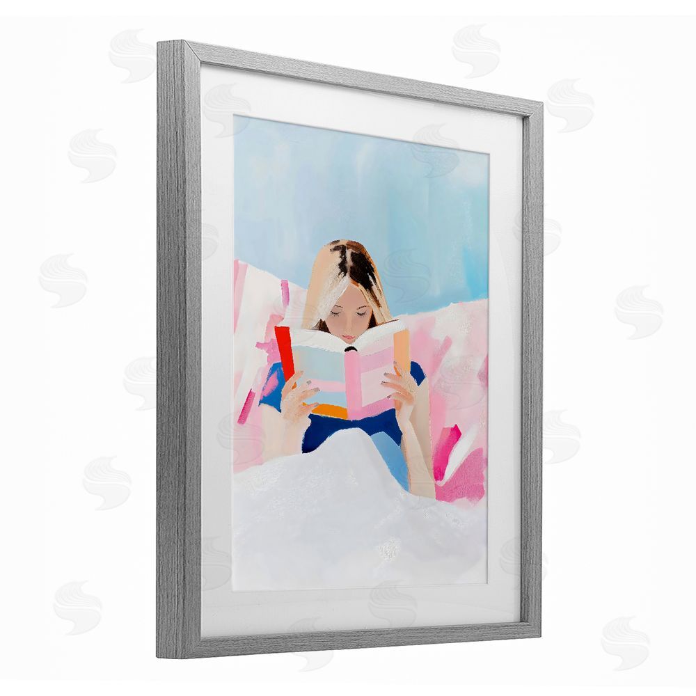 The Prints Vibe Cozy Reading In Bed Gray Framed Print Under Glass Wall Art