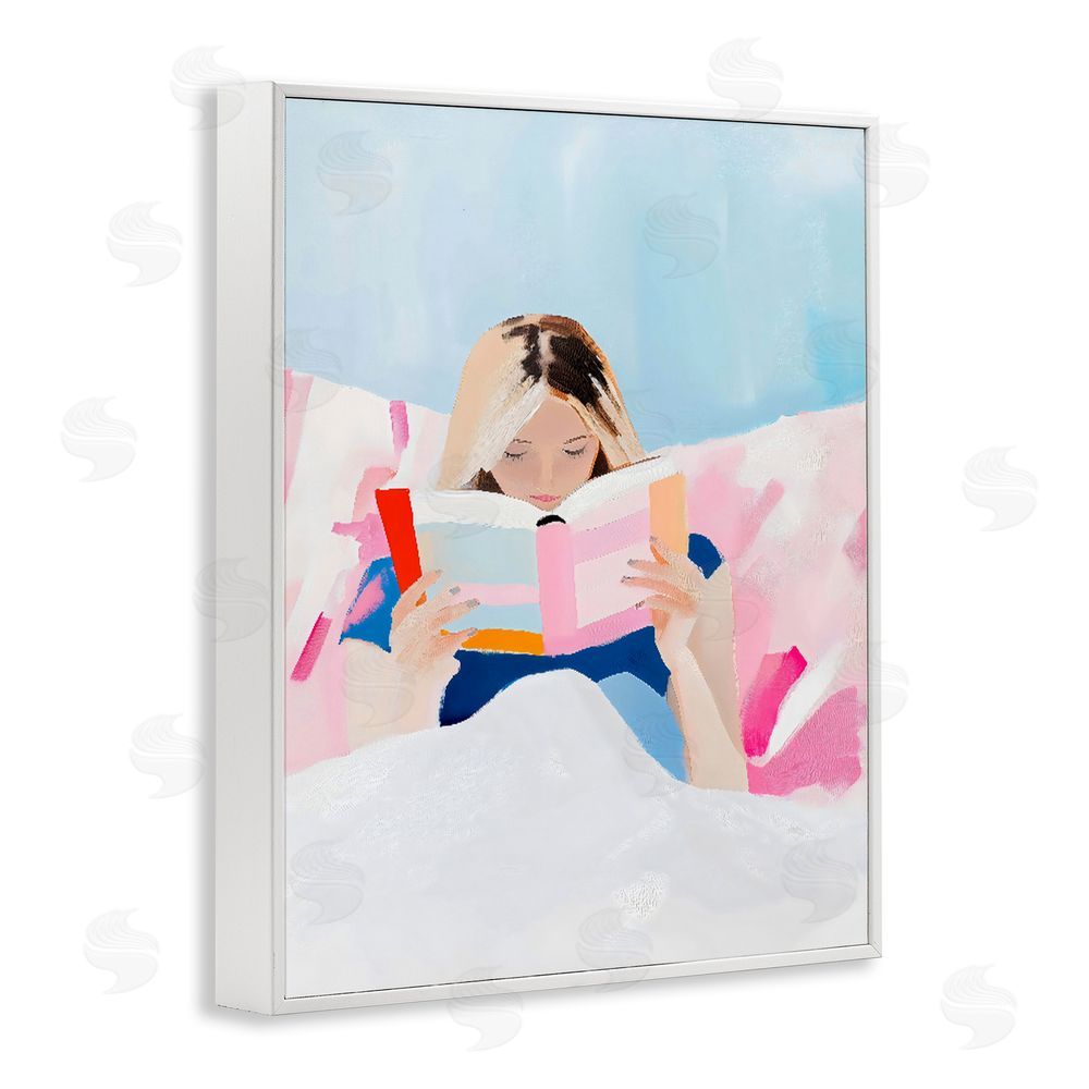 The Prints Vibe Cozy Reading In Bed White Framed Giclee Wall Art Print