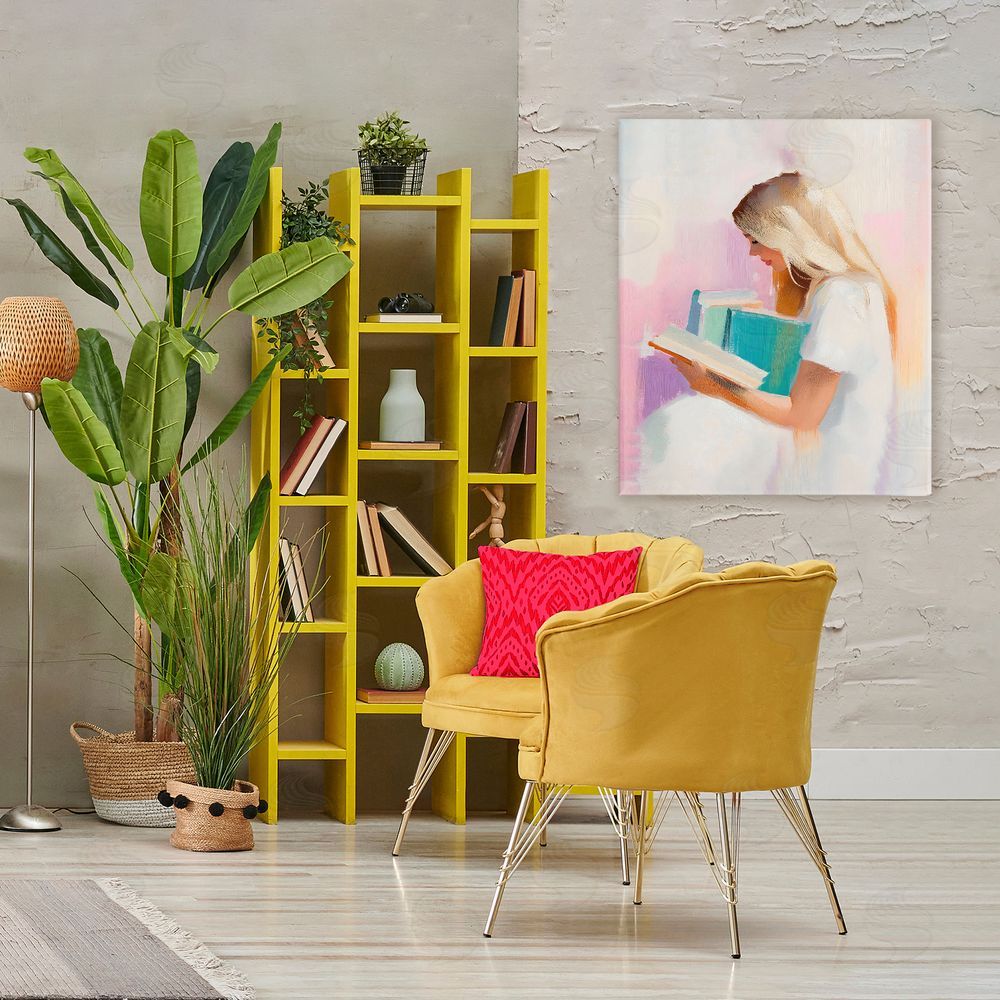The Prints Vibe Book Lover Girl In White Stretched Canvas Wall Art Print in Room