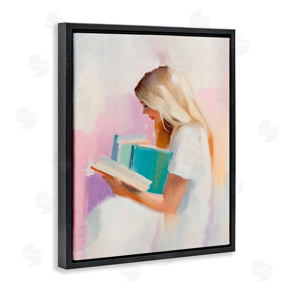 The Prints Vibe Book Lover Girl In White Black Floating Frame Stretched Canvas Wall Art Print