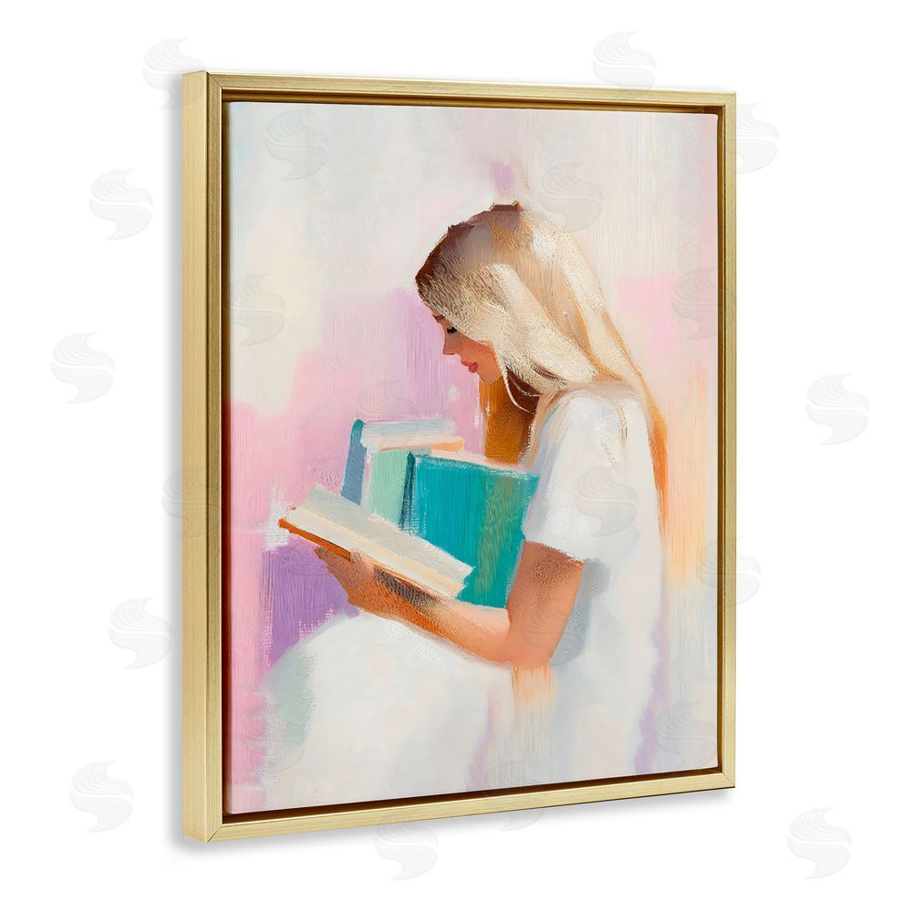 The Prints Vibe Book Lover Girl In White Gold Floating Frame Stretched Canvas Wall Art Print
