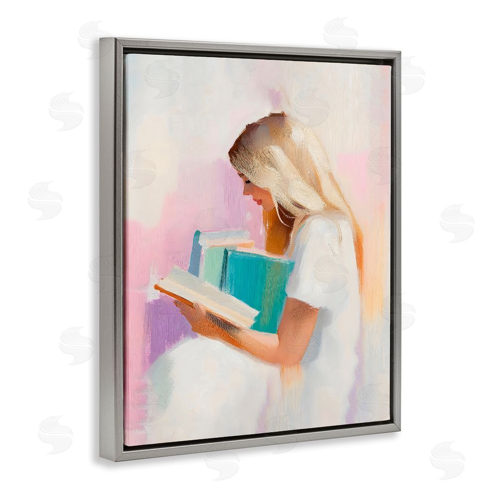 The Prints Vibe Book Lover Girl In White Gray Floating Frame Stretched Canvas Wall Art Print