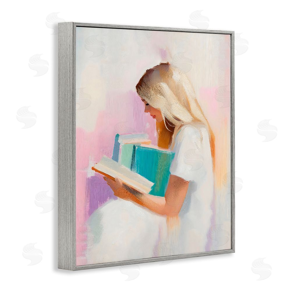 The Prints Vibe Book Lover Girl In White Gray Framed Giclee Wall Art Print