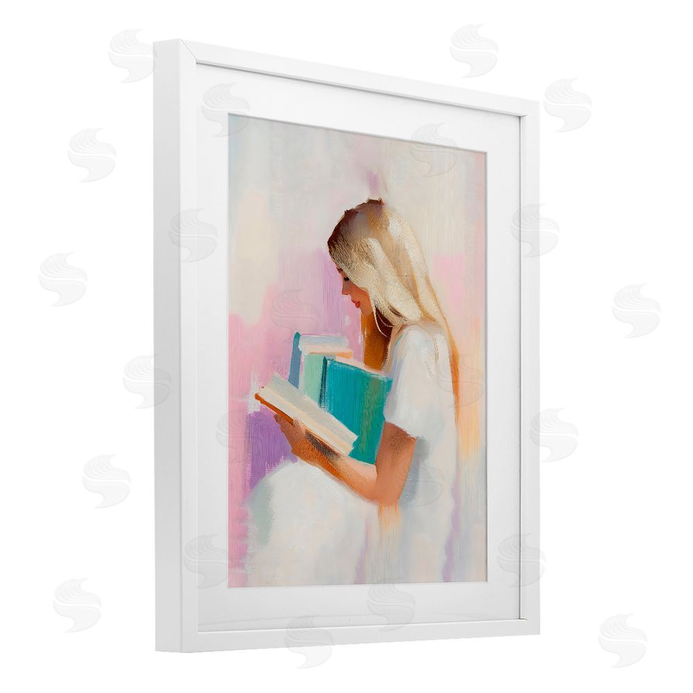 The Prints Vibe Book Lover Girl In White White Framed Print Under Glass with Matting Wall Art