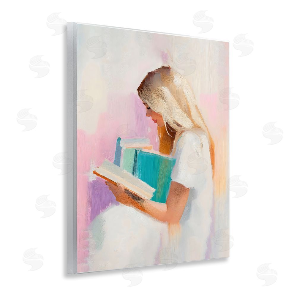 The Prints Vibe Book Lover Girl In White Wall Plaque Art Print with White Foil Wrap
