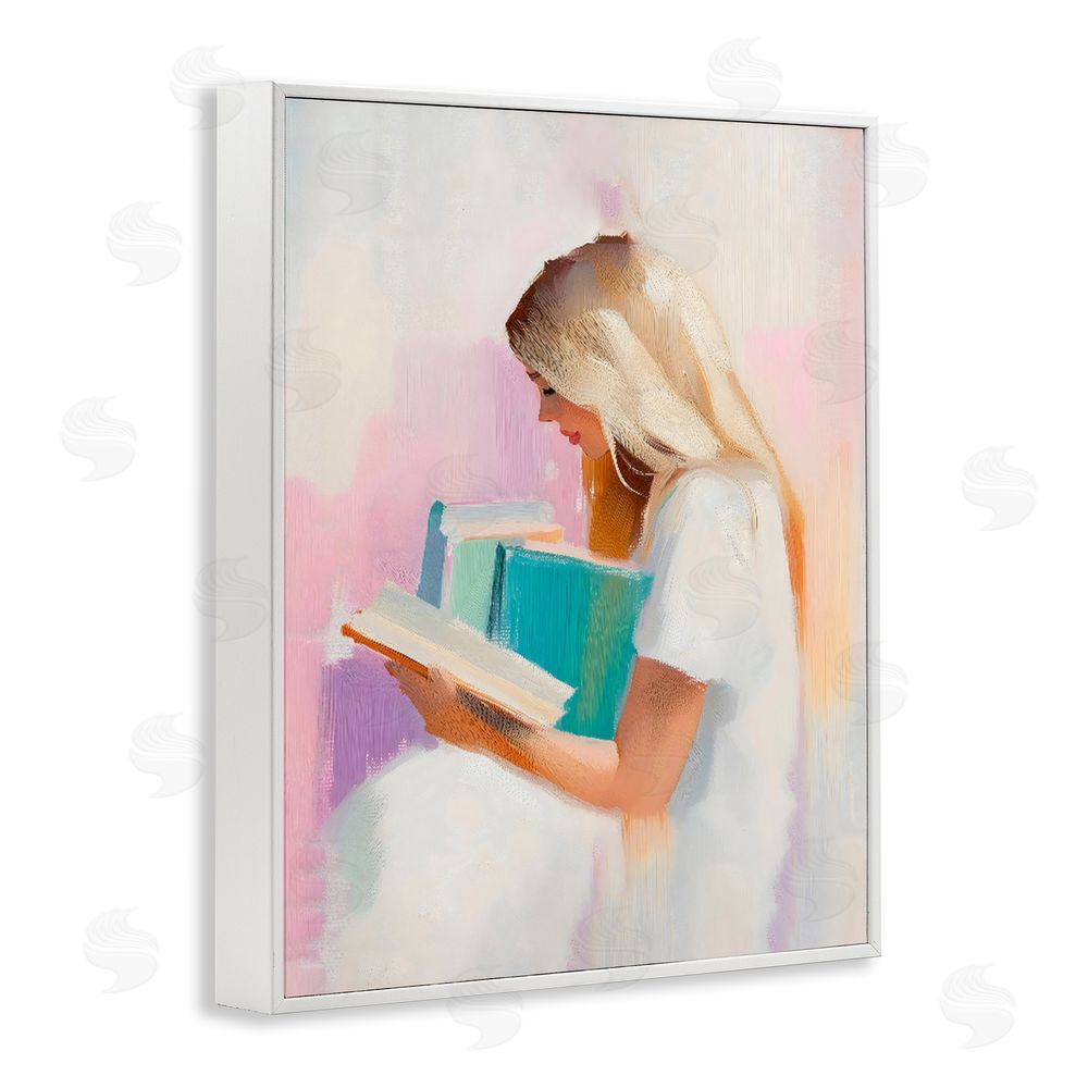 The Prints Vibe Book Lover Girl In White White Framed Giclee Wall Art Print