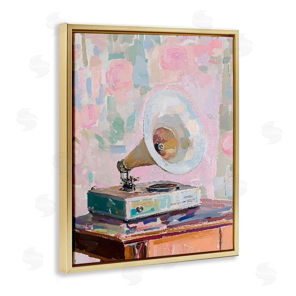 The Prints Vibe Vintage Gramophone in Soft Pastels Gold Floating Framed Canvas Wall Art Print