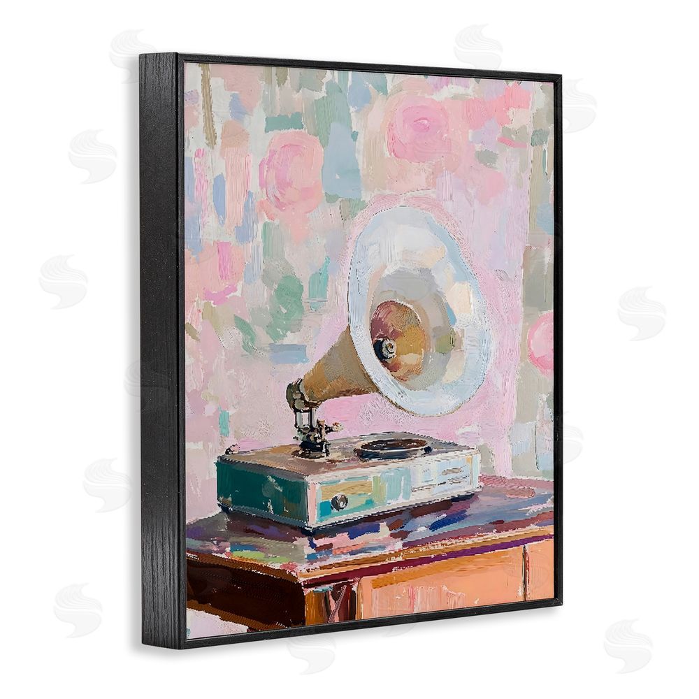 The Prints Vibe Vintage Gramophone in Soft Pastels Black Framed Giclee Wall Art Print