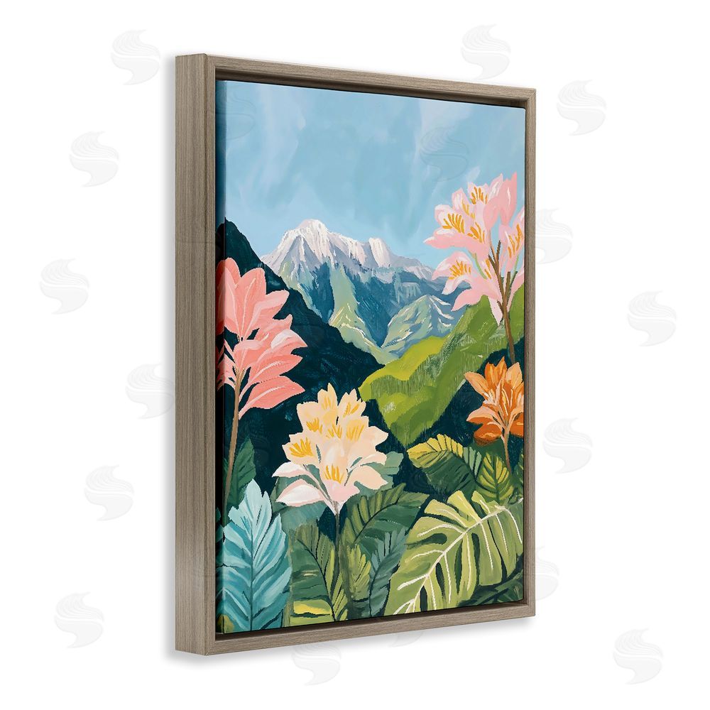 The Prints Vibe Tropical Mountain Landscape Brown Floating Framed Canvas Wall Art Print
