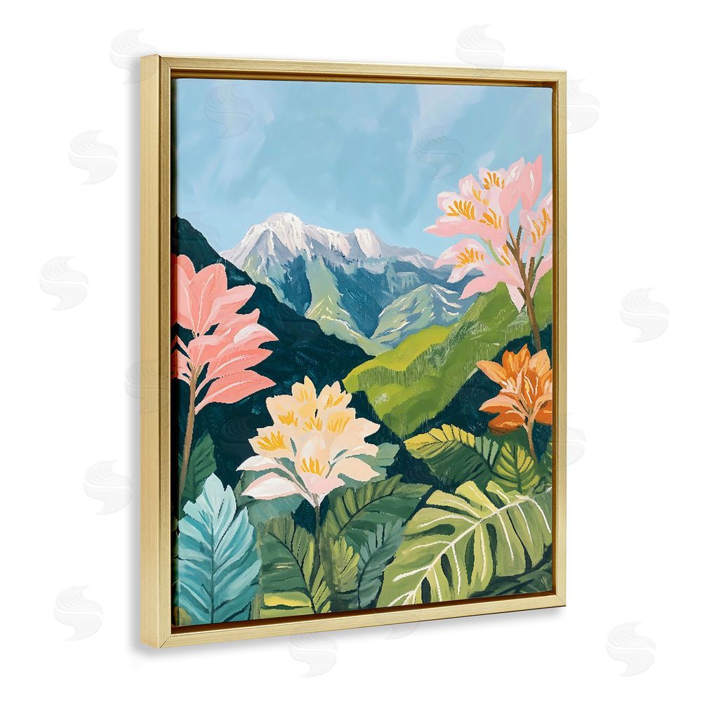 The Prints Vibe Tropical Mountain Landscape Gold Floating Framed Canvas Wall Art Print