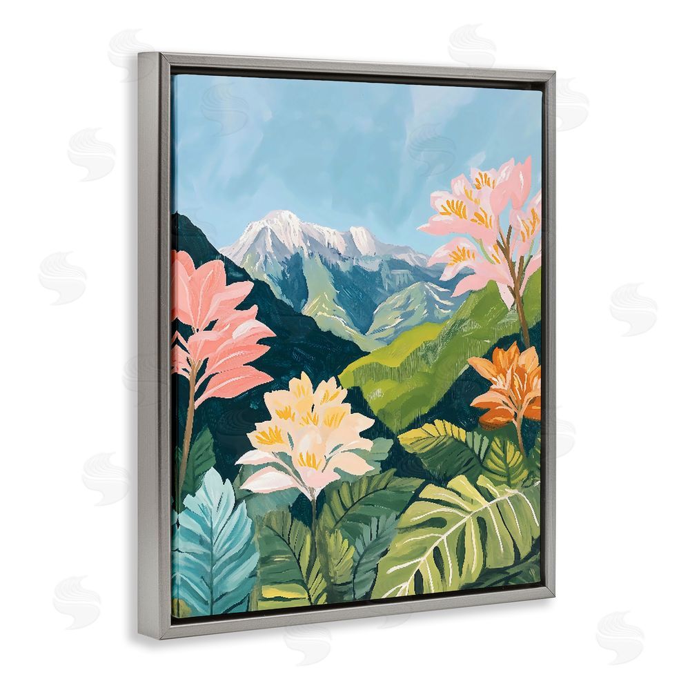 The Prints Vibe Tropical Mountain Landscape Gray Floating Framed Canvas Wall Art Print